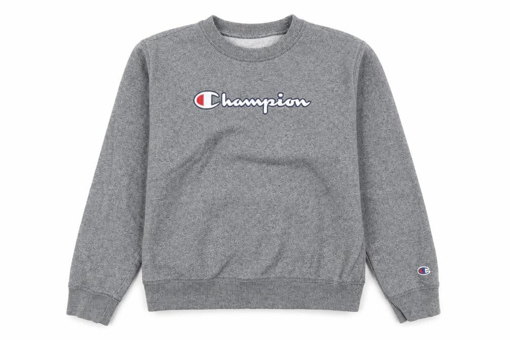 Front view of Champion women’s grey medium pullover sweatshirt logo crew neck cotton blend
