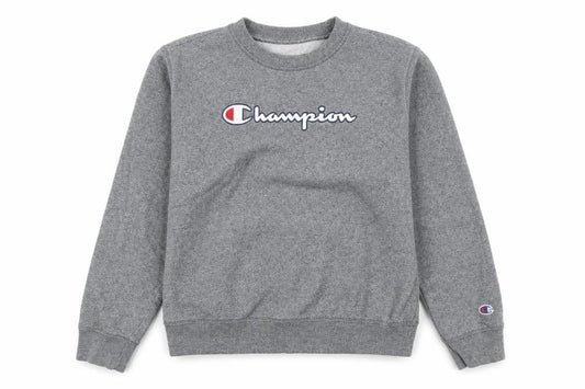 Front view of Champion women’s grey medium pullover sweatshirt logo crew neck cotton blend