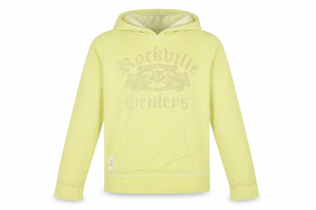 Front view of Henleys women’s yellow pullover hoodie, size UK 2, cotton blend