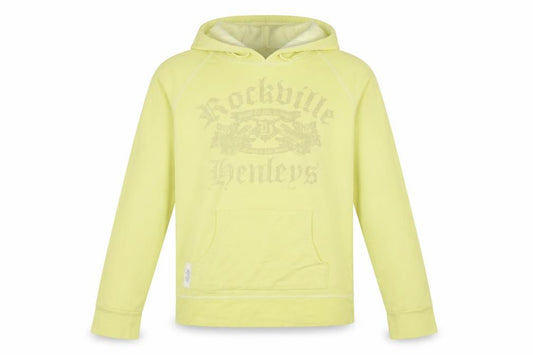 Front view of Henleys women’s yellow pullover hoodie, size UK 2, cotton blend
