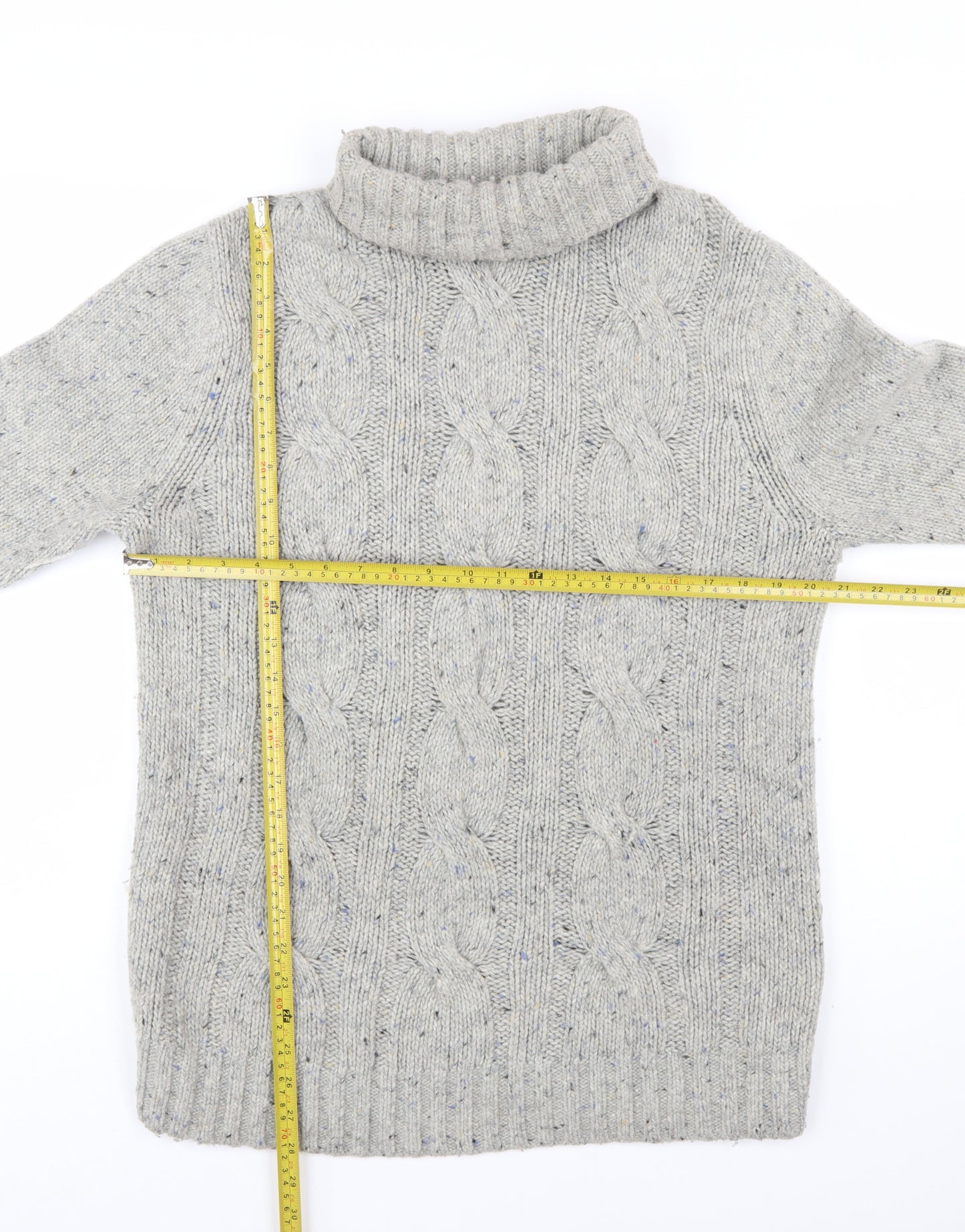 John Partridge Women's Grey Wool Cable-Knit Roll Neck Jumper L