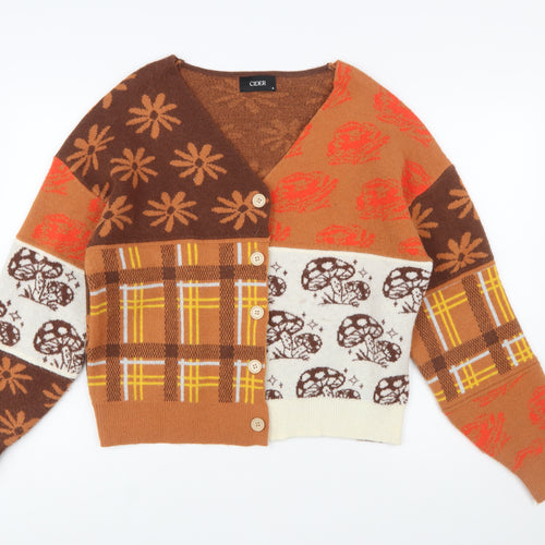 Cider Women Brown Patchwork Knit Cardigan S Retro Floral Plaid V-Neck