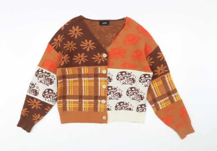Cider Women Brown Patchwork Knit Cardigan S Retro Floral Plaid V-Neck