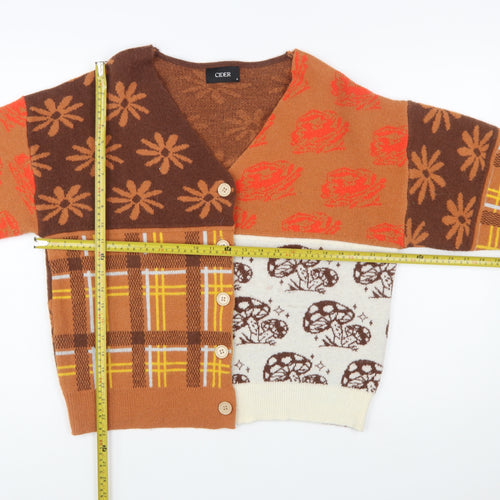 Cider Women Brown Patchwork Knit Cardigan S Retro Floral Plaid V-Neck