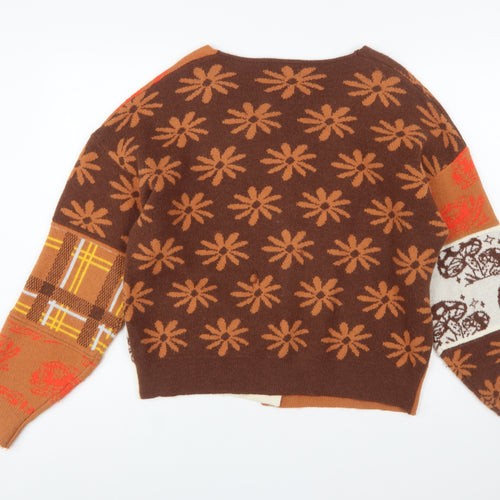 Cider Women Brown Patchwork Knit Cardigan S Retro Floral Plaid V-Neck