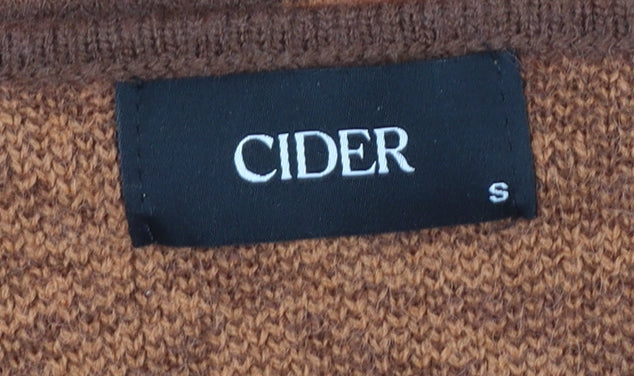 Cider Women Brown Patchwork Knit Cardigan S Retro Floral Plaid V-Neck