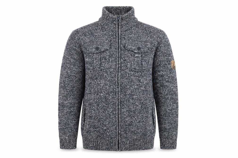Front view of Atlas For Men Blue Chunky Full Zip Wool Blend Men's Jumper, size L