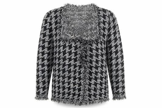 Front view of Roman Women’s Black & Grey Houndstooth Knit Long Sleeve Cardigan, size UK 14