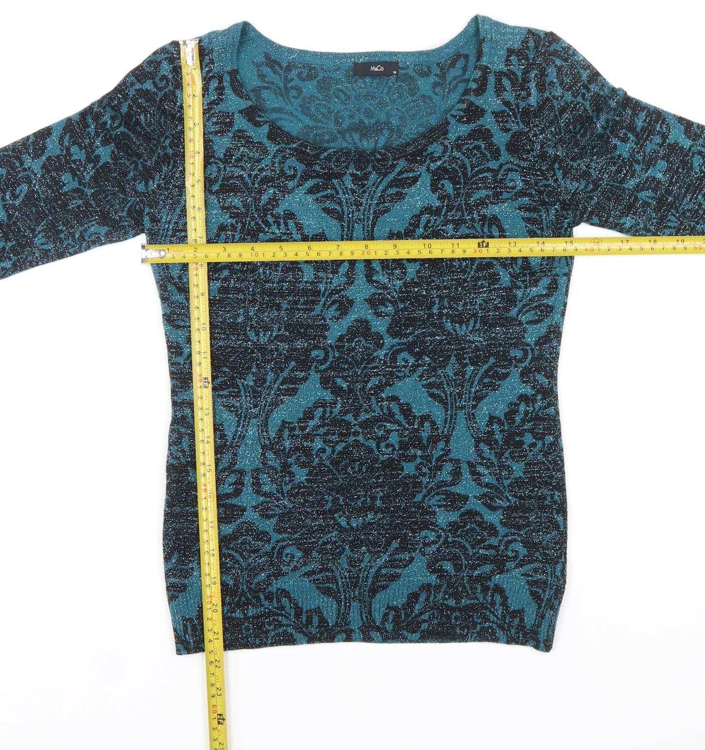 M&Co Women’s Blue Floral Glitter Knit Jumper Size 10 Slim Fit