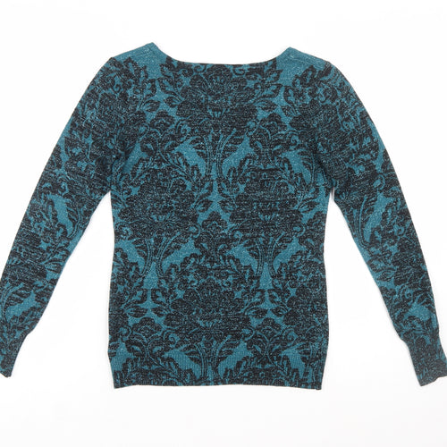 M&Co Women’s Blue Floral Glitter Knit Jumper Size 10 Slim Fit