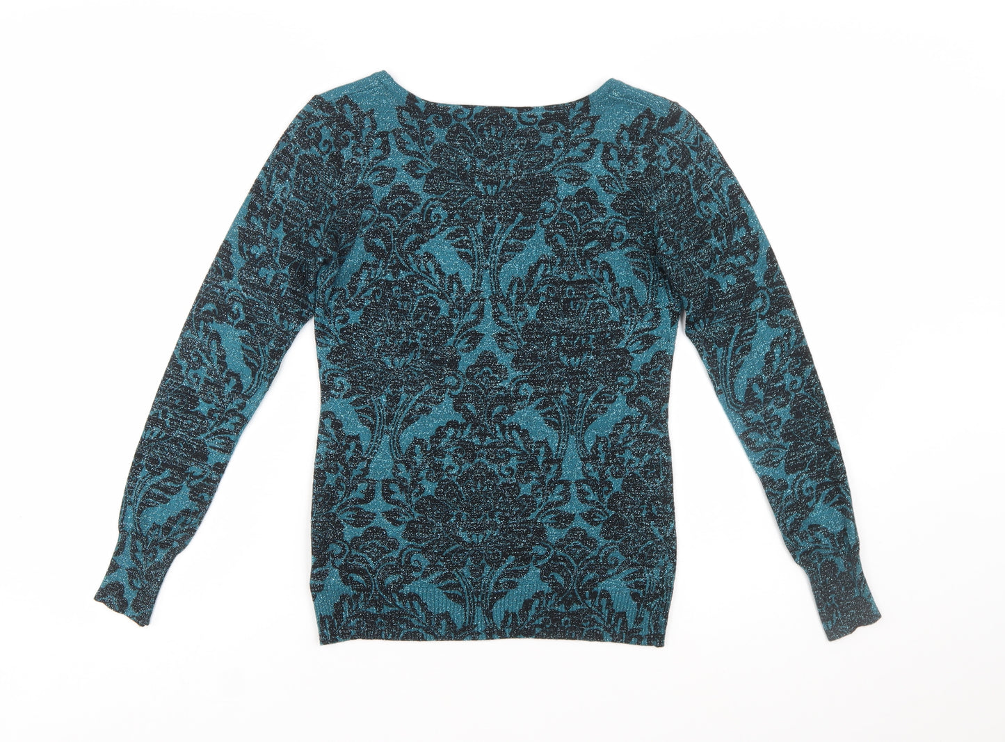M&Co Women’s Blue Floral Glitter Knit Jumper Size 10 Slim Fit