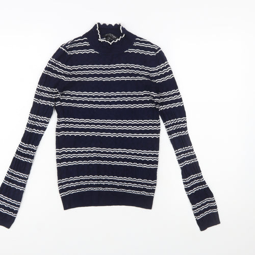 Miss Selfridge Women Blue Striped Mock Neck Slim Fit Jumper Size 8
