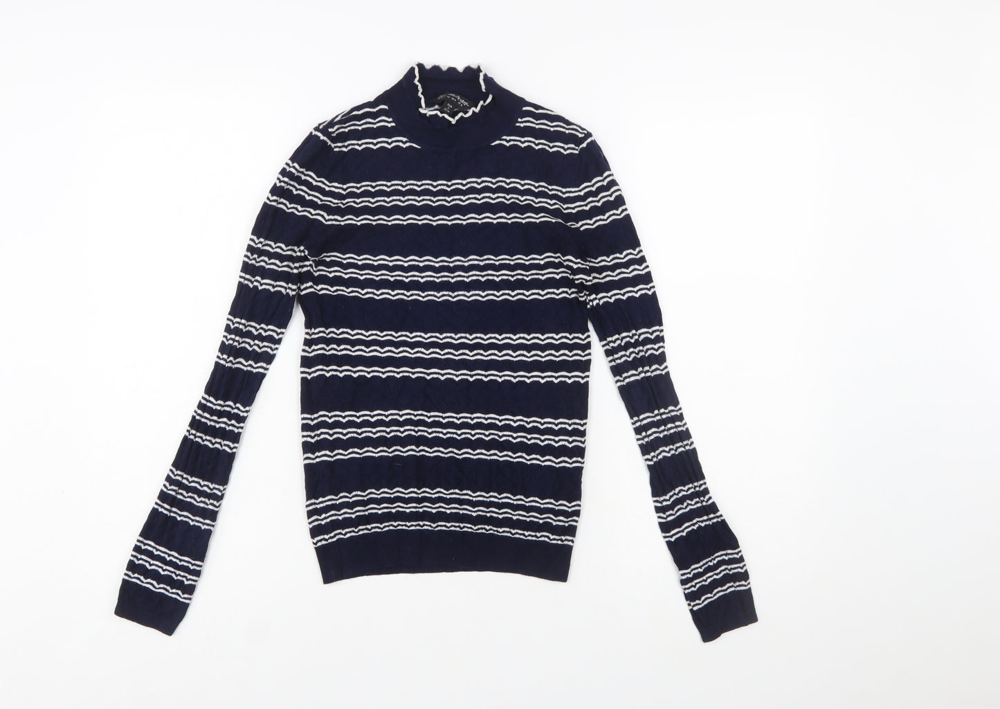 Miss Selfridge Women Blue Striped Mock Neck Slim Fit Jumper Size 8