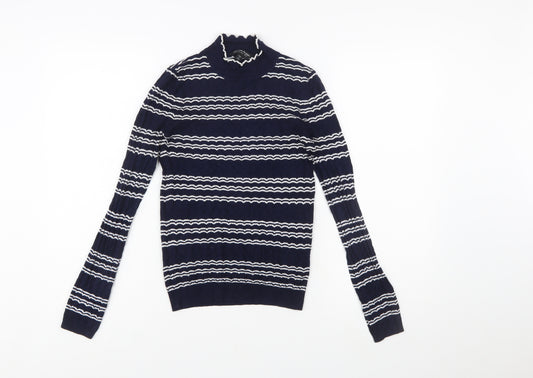 Miss Selfridge Women Blue Striped Mock Neck Slim Fit Jumper Size 8