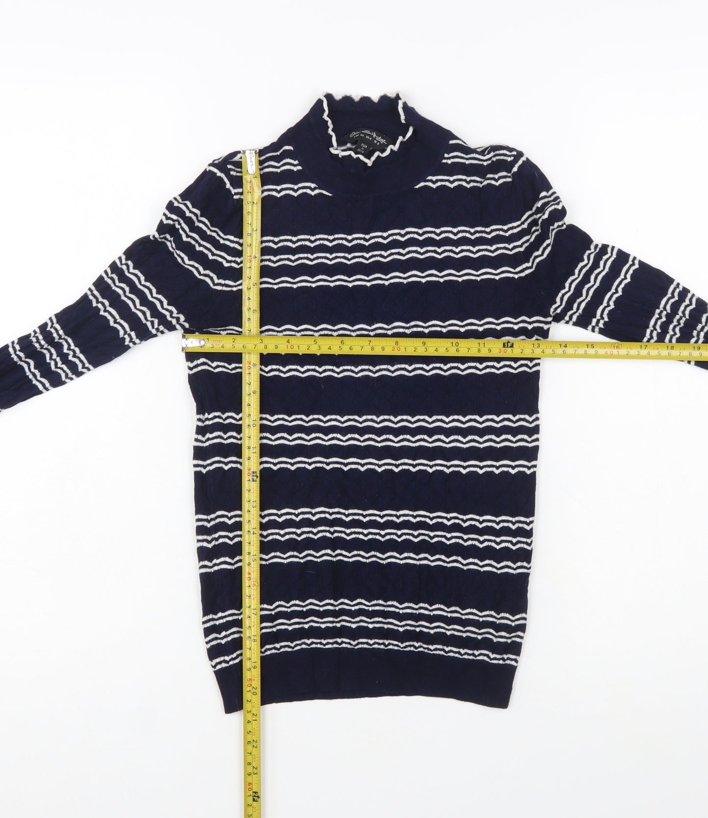 Miss Selfridge Women Blue Striped Mock Neck Slim Fit Jumper Size 8