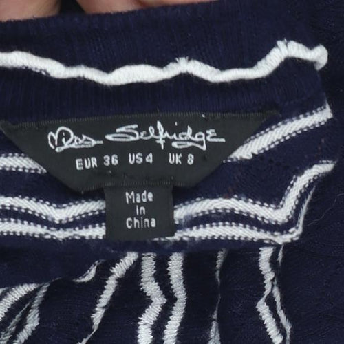 Miss Selfridge Women Blue Striped Mock Neck Slim Fit Jumper Size 8