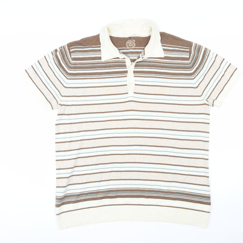 Burton Mens Beige Brown Striped Polo Shirt L Cotton Classic Fit