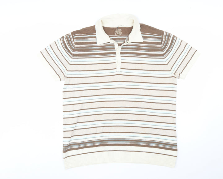 Burton Mens Beige Brown Striped Polo Shirt L Cotton Classic Fit
