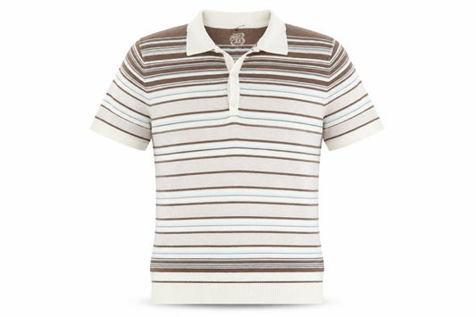 Front view of Burton men’s beige brown striped polo shirt l cotton classic fit