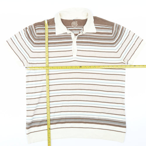 Burton Mens Beige Brown Striped Polo Shirt L Cotton Classic Fit