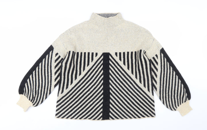 Peppercorn Womens Beige Black Geometric Knit Mock Neck Jumper Size S