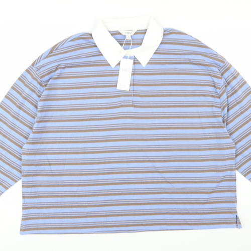 Marks and Spencer Women Blue Striped Long Sleeve Cotton Polo Shirt Size 22