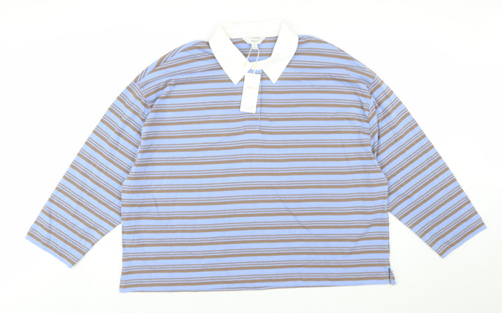 Marks and Spencer Women Blue Striped Long Sleeve Cotton Polo Shirt Size 22