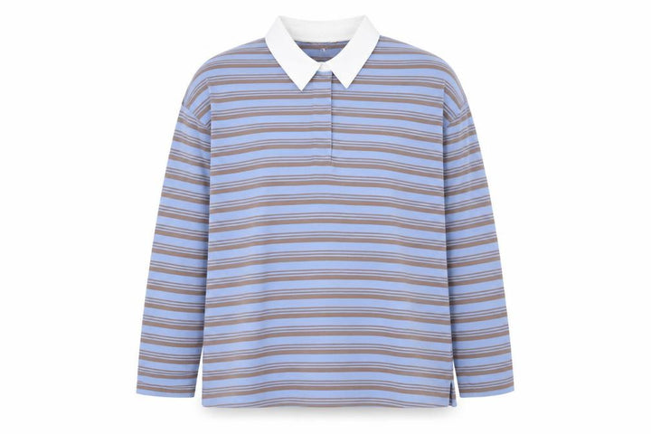 Marks and Spencer Women Blue Striped Long Sleeve Cotton Polo Shirt Size 22