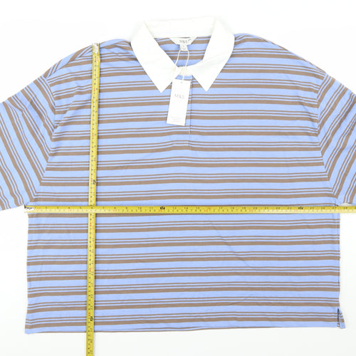 Marks and Spencer Women Blue Striped Long Sleeve Cotton Polo Shirt Size 22