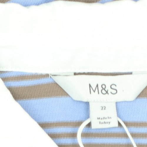 Marks and Spencer Women Blue Striped Long Sleeve Cotton Polo Shirt Size 22