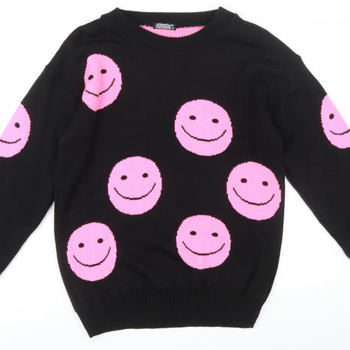 Lyza Fashion Women's Black Pink Smiley Pullover Jumper Size S