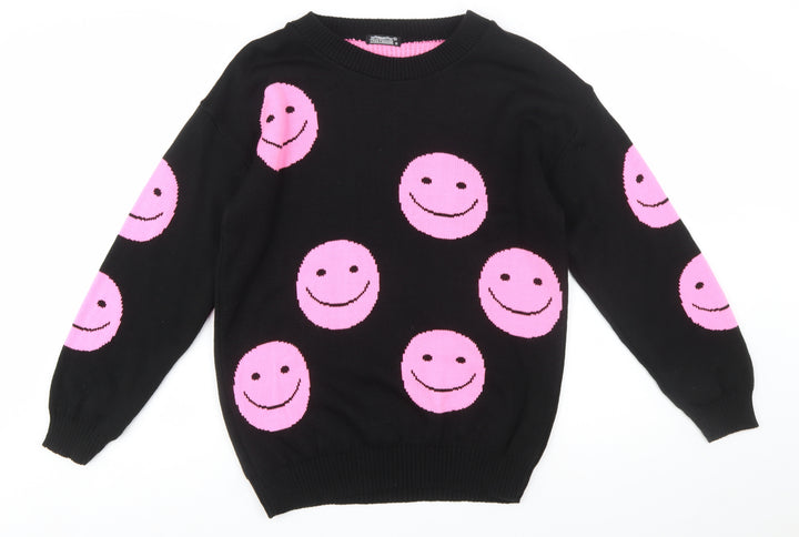Lyza Fashion Women's Black Pink Smiley Pullover Jumper Size S