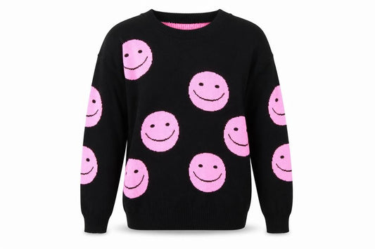 Front view of Lyza Fashion Women's Black Pink Smiley jumper, size S