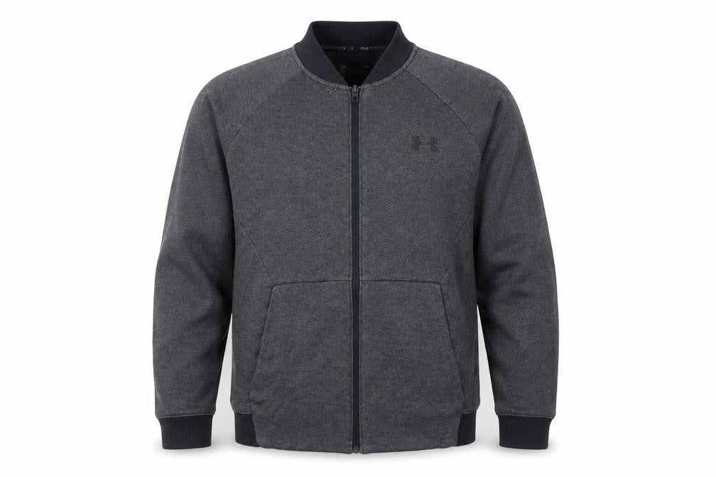 Front view of Under Armour Men's Dark Grey Full Zip Sweatshirt, size L, Fitted