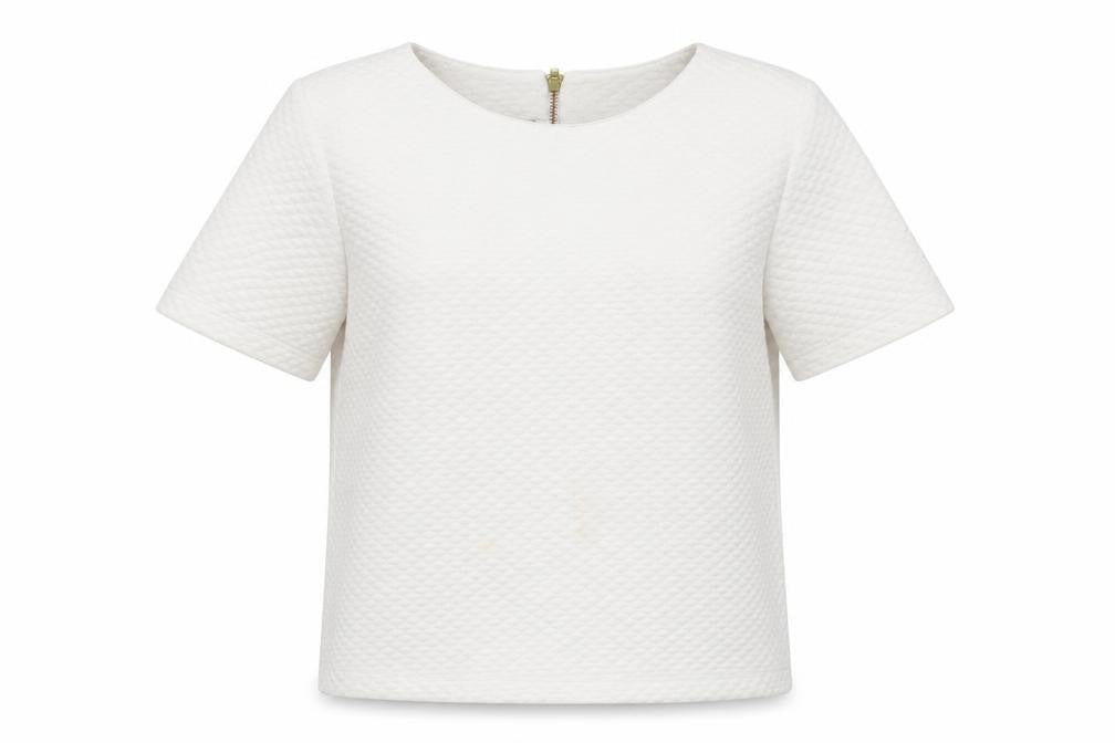 Front view of Hush Women Ivory Textured Zip Back Short Sleeve Blouse, size 14