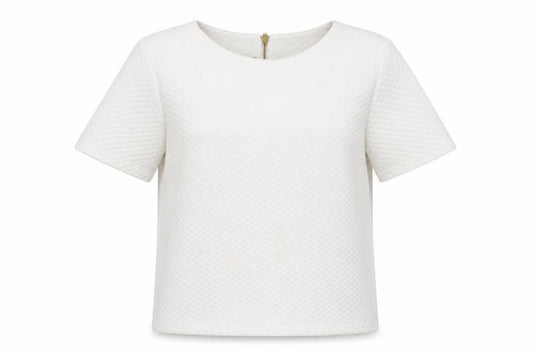 Front view of Hush Women Ivory Textured Zip Back Short Sleeve Blouse, size 14