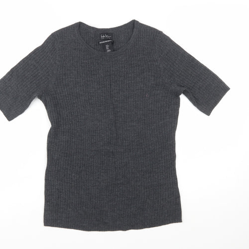 Nicole Miller Women's Grey Merino Wool Ribbed Short Sleeve Jumper M