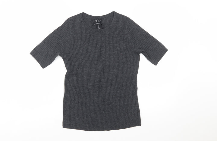 Nicole Miller Women's Grey Merino Wool Ribbed Short Sleeve Jumper M