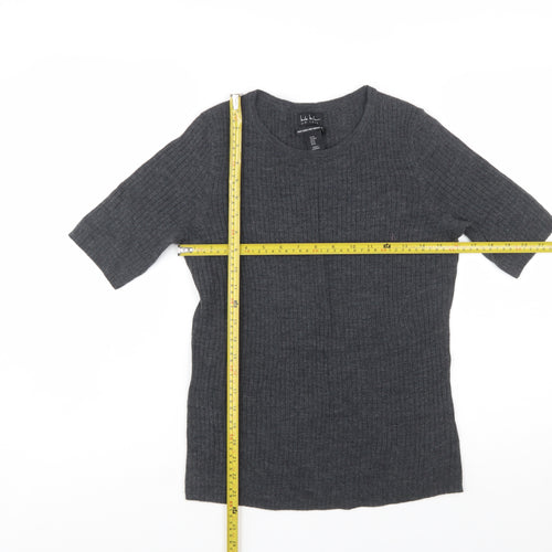 Nicole Miller Women's Grey Merino Wool Ribbed Short Sleeve Jumper M