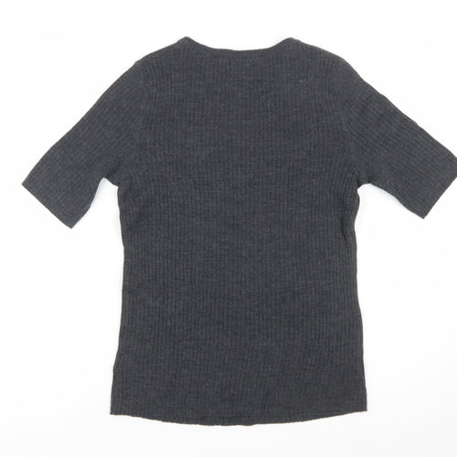 Nicole Miller Women's Grey Merino Wool Ribbed Short Sleeve Jumper M