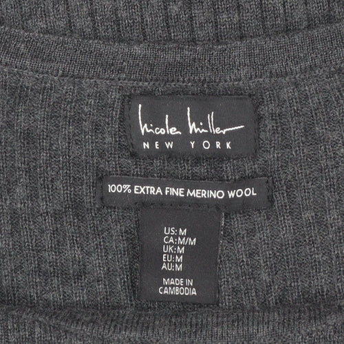 Nicole Miller Women's Grey Merino Wool Ribbed Short Sleeve Jumper M