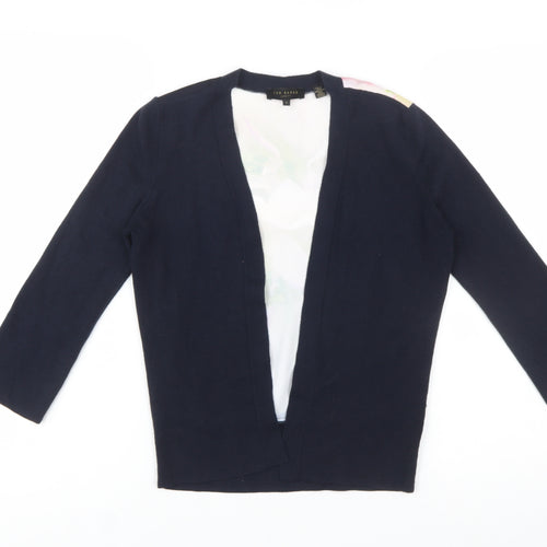 Ted Baker Womens Navy Floral Back Open Cardigan Size S Cotton Silk Blend