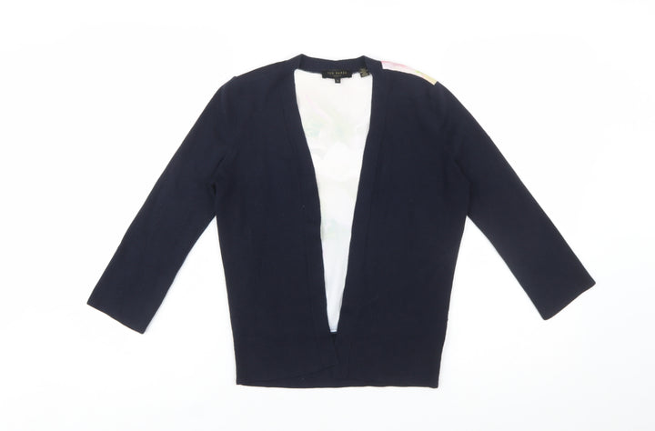 Ted Baker Womens Navy Floral Back Open Cardigan Size S Cotton Silk Blend