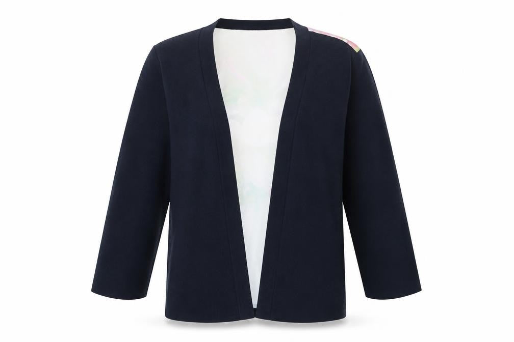 Front view of Ted Baker women’s navy floral back open cardigan, size S, cotton silk blend