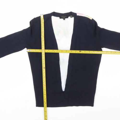 Ted Baker Womens Navy Floral Back Open Cardigan Size S Cotton Silk Blend