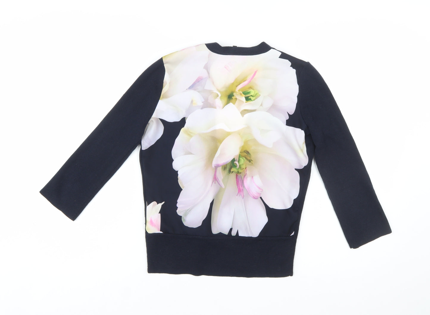 Ted Baker Womens Navy Floral Back Open Cardigan Size S Cotton Silk Blend