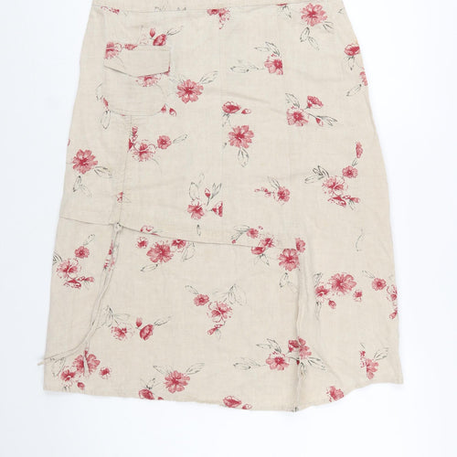 Armand Thiery Women Beige Floral Linen A-Line Knee Skirt Size 12