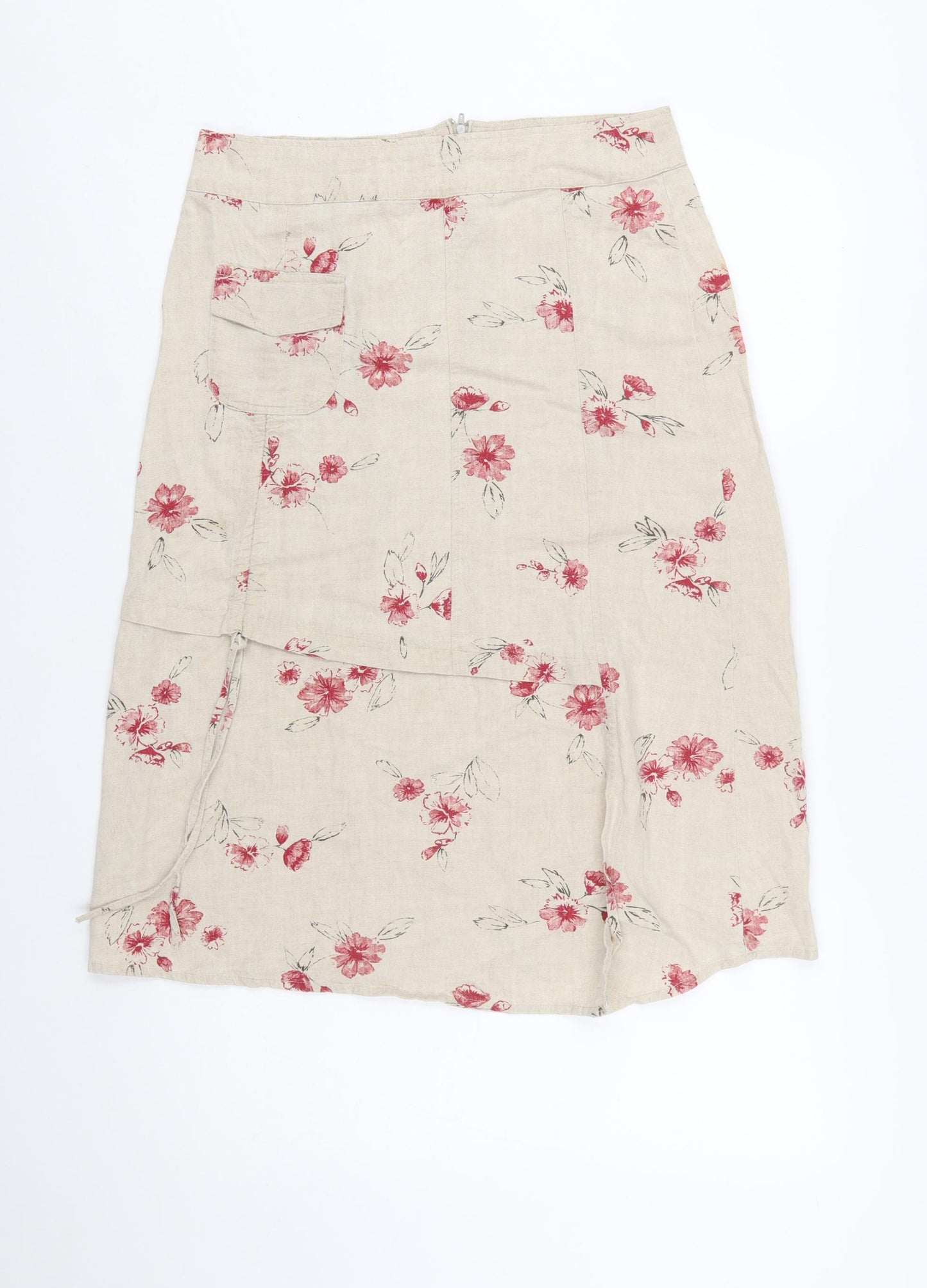 Armand Thiery Women Beige Floral Linen A-Line Knee Skirt Size 12