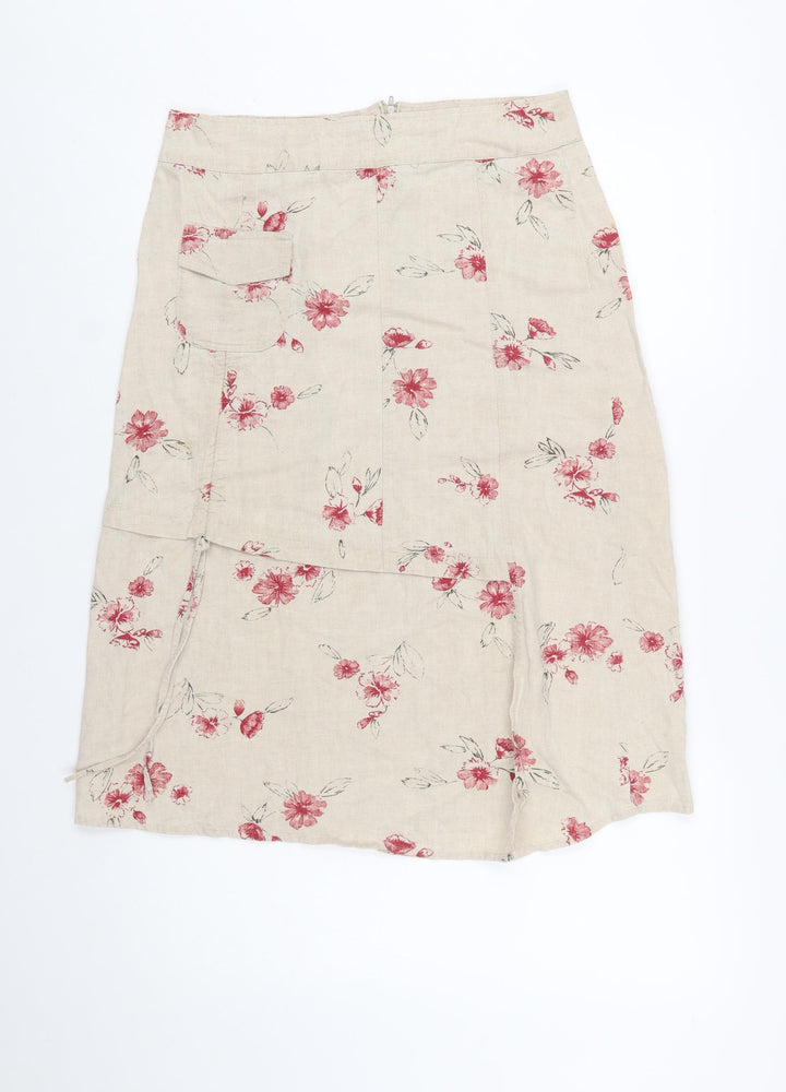 Armand Thiery Women Beige Floral Linen A-Line Knee Skirt Size 12