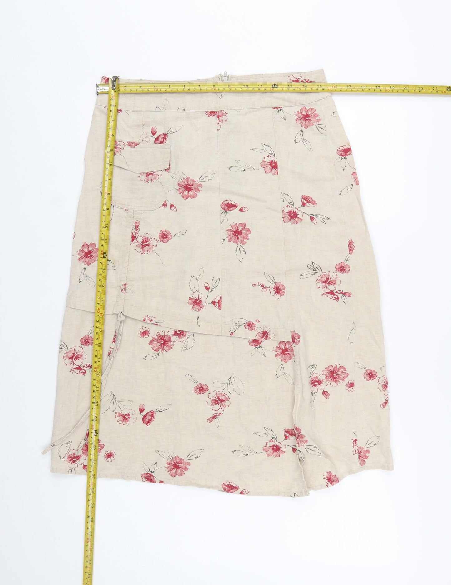 Armand Thiery Women Beige Floral Linen A-Line Knee Skirt Size 12